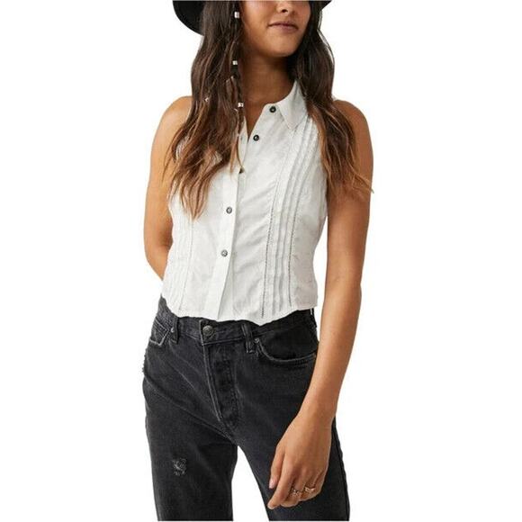 Free People NWOT White Drive Back Pintuck Sleeveless Blouse Size M - Picture 1 of 10
